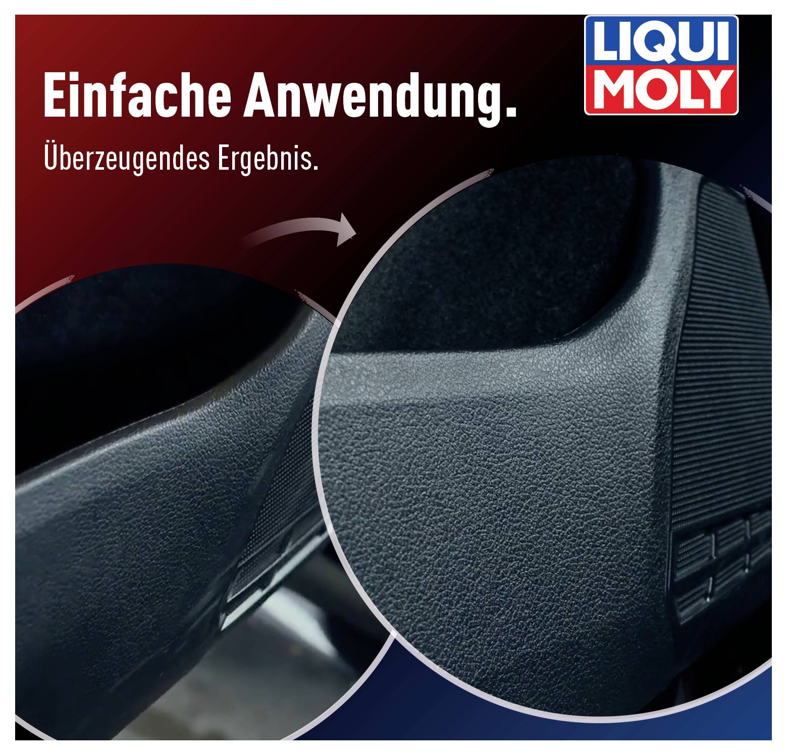Vorher-Nachher-Bild der Anwendung von Liqui Moly. Links: matte Oberfläche. Rechts: glänzende, saubere Oberfläche. Text: Einfache Anwendung, Überzeugendes Ergebnis.