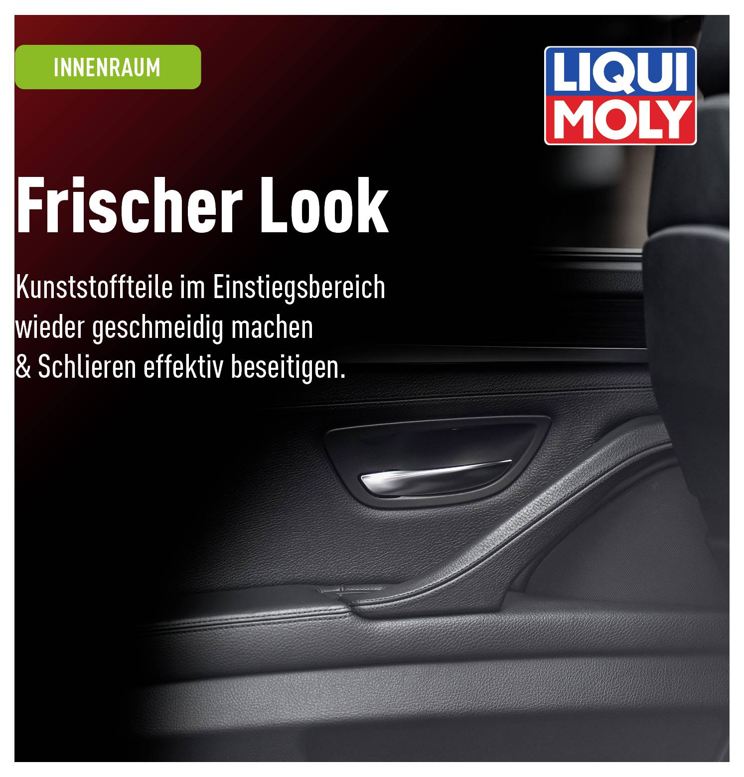 'Frischer Look' zeigt das Innere eines Autos mit sauberem Kunststoff. Text erklärt, wie man Kunststoffteile pflegt und Schlieren entfernt.