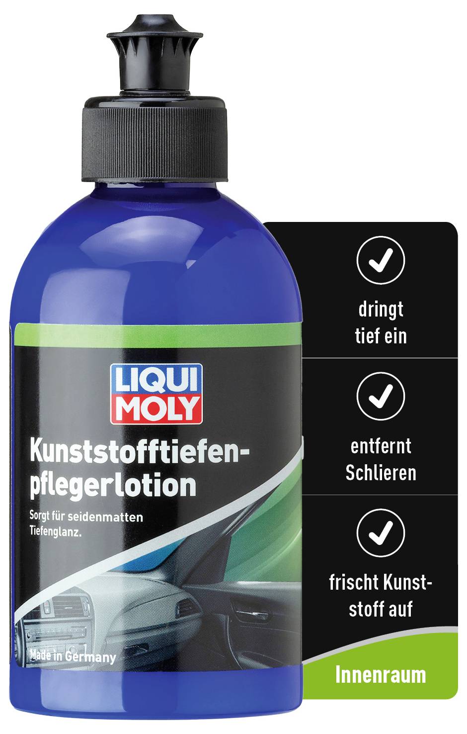 'Liqui Moly Kunststoffeifenpflegelotion', blaue Flasche, reinigt Kunststoff im Auto, entfernt Schlieren, frischt Kunststoff auf. Made in Germany.