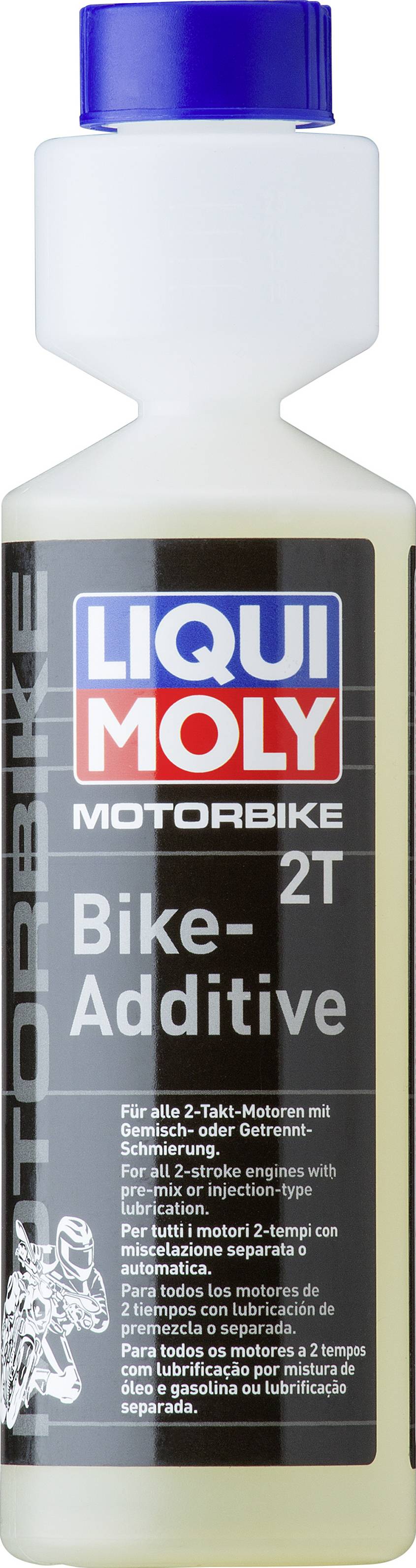 Flasche mit dem Aufdruck 'LIQUI MOLY MOTORBIKE 2T Bike-Additive', für Zweitakt-Motoren, Produkt zur Kraftstoffoptimierung.