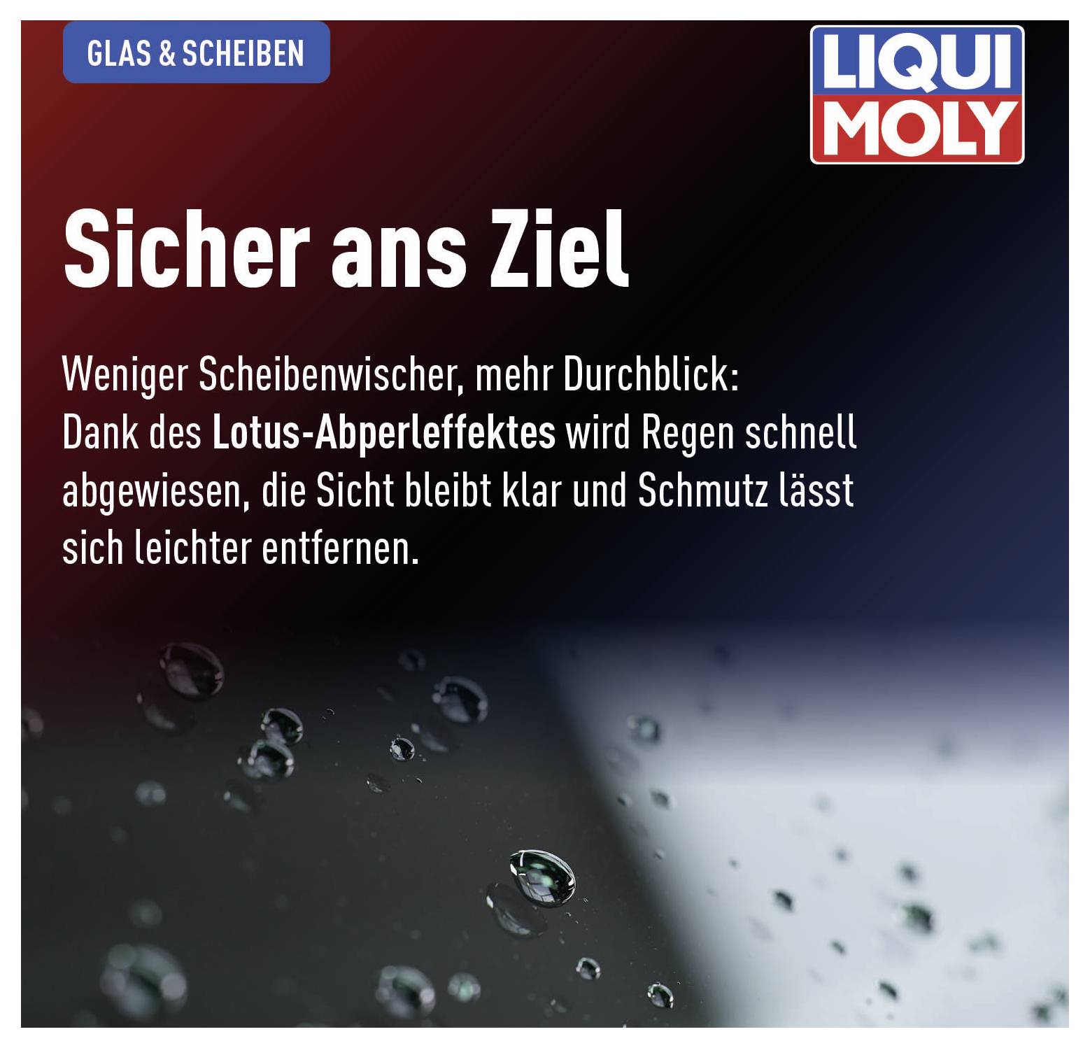 Werbung von LIQUI MOLY für Glas- und Scheibenpflege. Text: Sicher ans Ziel. Beschreibung des Lotus-Abperleffekts für klarere Sicht.