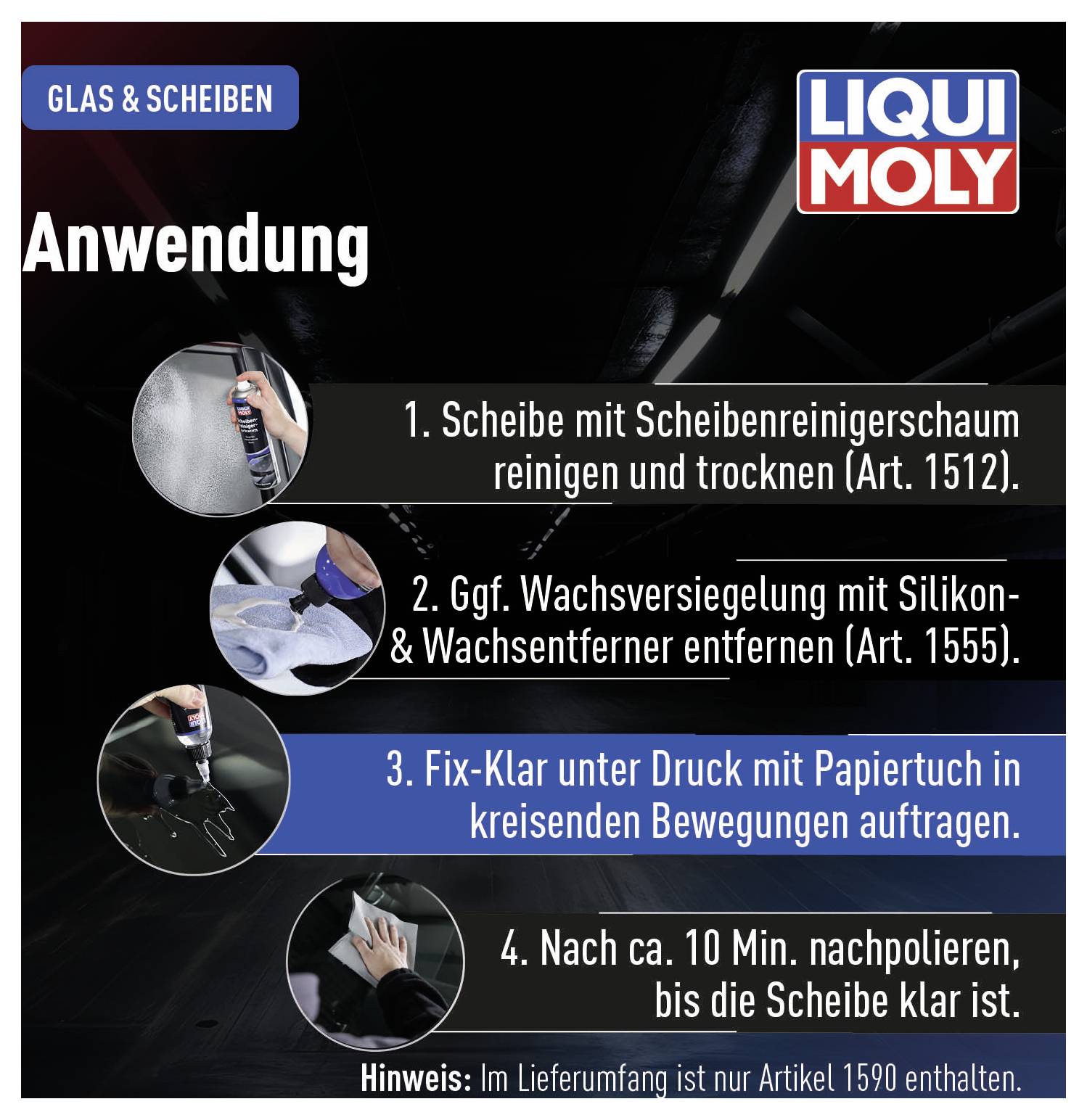 'Anwendung' Anleitung zur Reinigung und Versiegelung von Glasscheiben in vier Schritten, inklusive Reinigen, Versiegeln, Polieren und Nachpolieren.