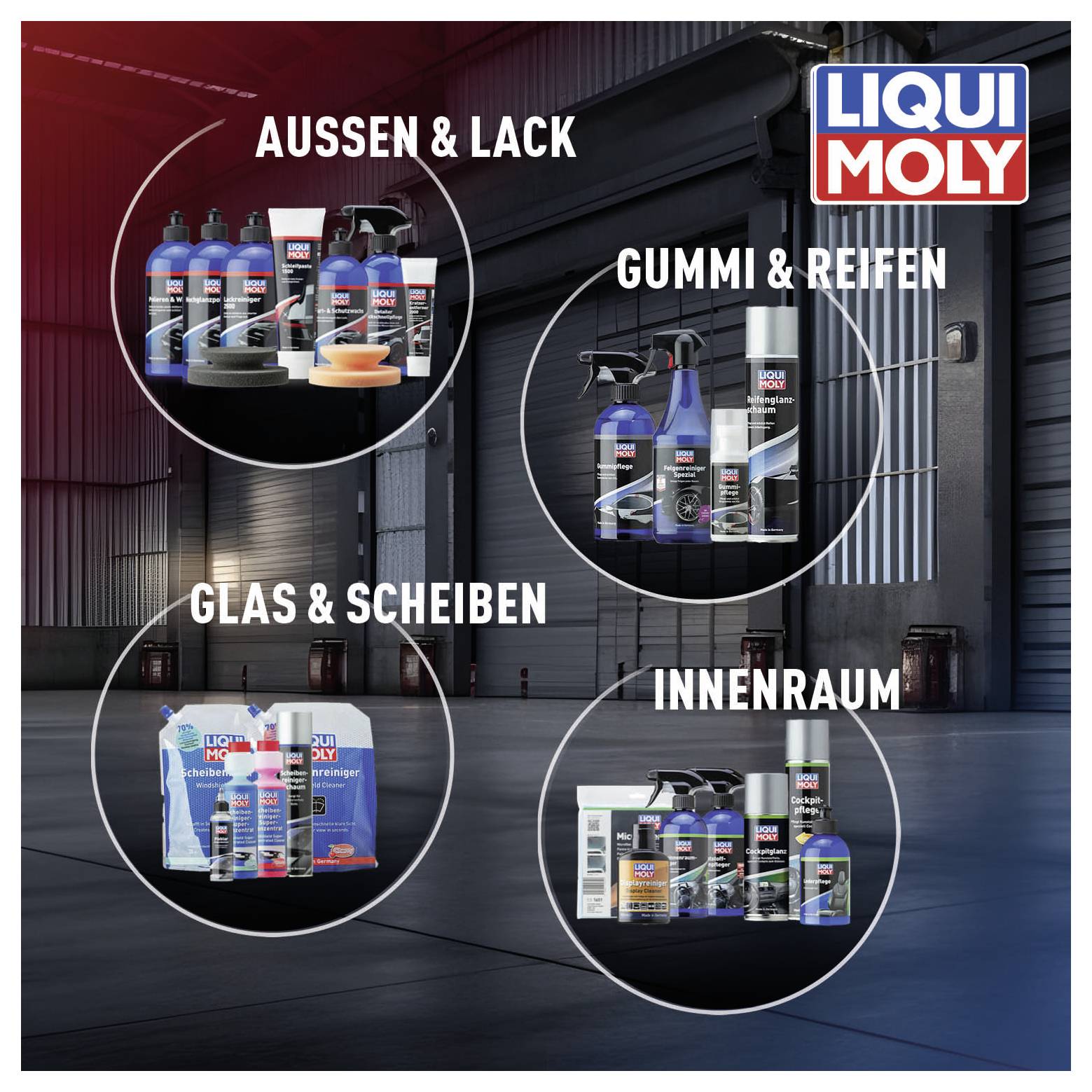 'LIQUI MOLY'-Produkte für 'AUSSEN & LACK', 'GUMMI & REIFEN', 'GLAS & SCHEIBEN' und 'INNENRAUM' in einer Werkstatt präsentiert.