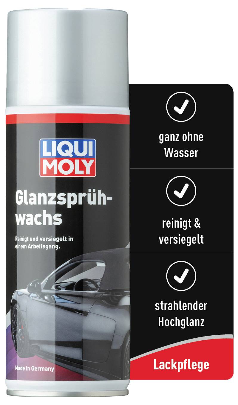 Sprühdose 'Liqui Moly Glanzsprühwachs', reinigt ohne Wasser und versiegelt, für hochglänzende Lackpflege, Auto-Abbildung.