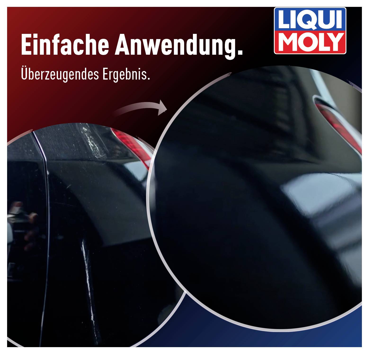 Nahaufnahme eines Autolacks mit zwei Bildern: links matt, rechts glänzend. Text oben links: 'Einfache Anwendung'. Text unten: 'Überzeugendes Ergebnis.'