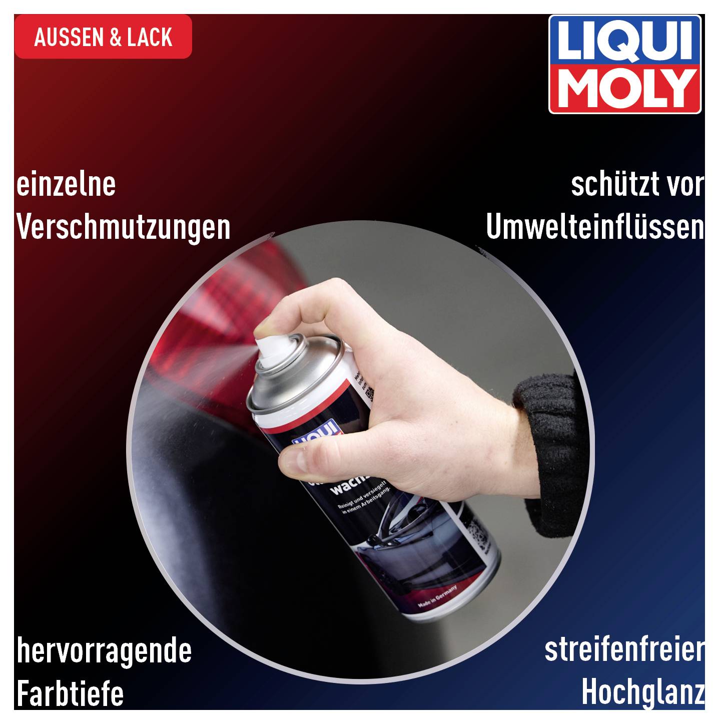 Eine Hand sprüht Flüssigkeit aus einer Dose auf ein Auto. Text auf Bild: 'einzelne Verschmutzungen', 'schützt vor Umwelteinflüssen', 'hervorragende Farbtiefe', 'streifenfreier Hochglanz'.
