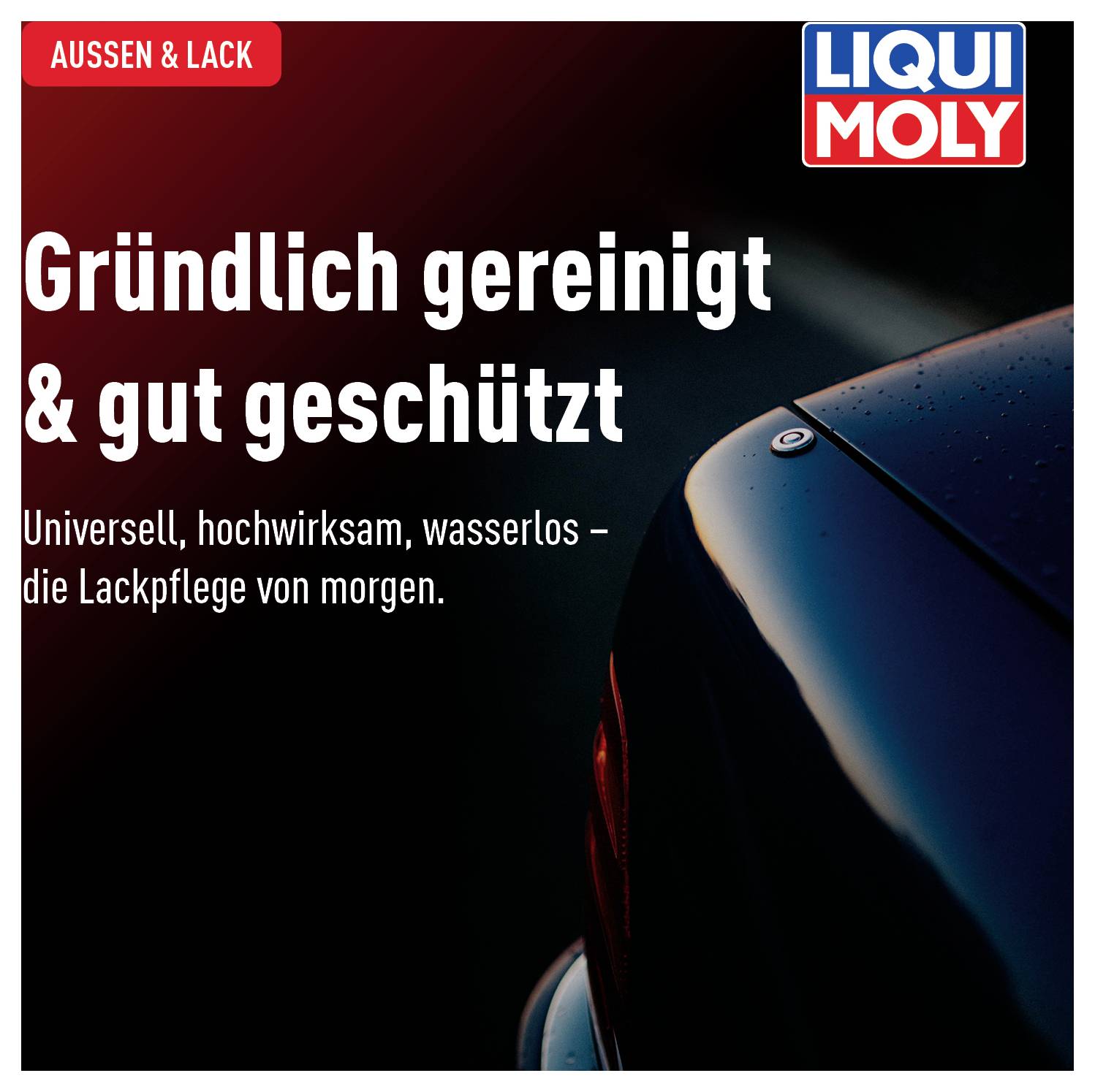 Ein Auto mit glänzendem Lack, beworben mit 'Gründlich gereinigt & gut geschützt'. Aufschrift: Wirksame wasserlose Lackpflege.