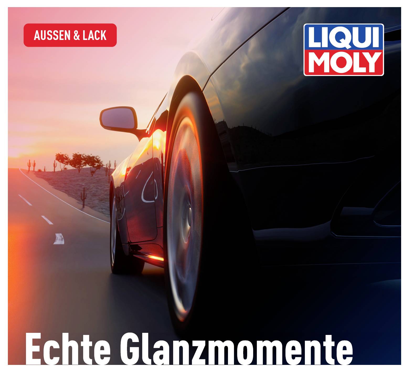 Auto fährt auf Straße bei Sonnenuntergang. Reflektionen auf Lack. Text: 'AUSSEN & LACK', 'Echte Glanzmomente', Markenlogo oben rechts.