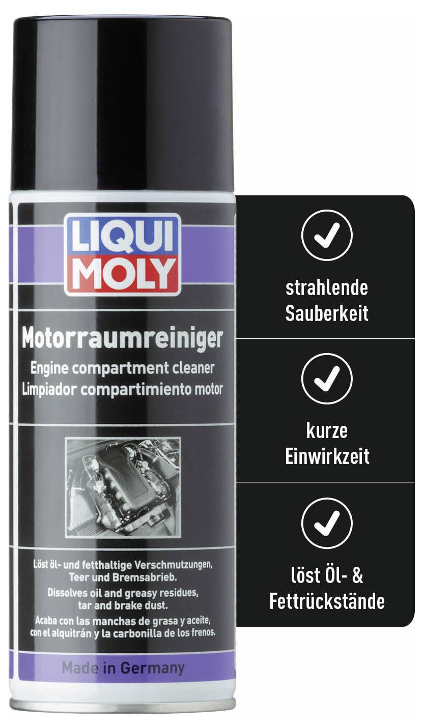 Dose mit Motorraumreiniger von Liqui Moly. Verspricht strahlende Sauberkeit, kurze Einwirkzeit und löst Öl- und Fettrückstände.