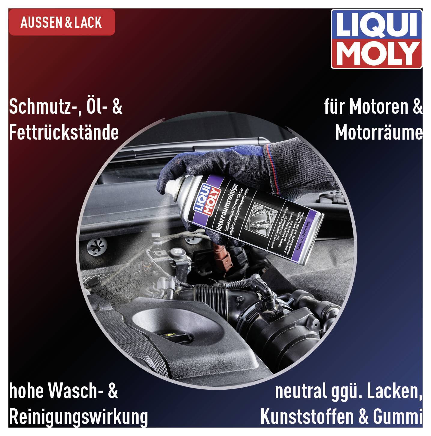 'Liqui Moly' Reinigungsprodukt wird auf einen Motor gesprüht. Text rund um das Bild betont Schmutzentfernung und Materialverträglichkeit.