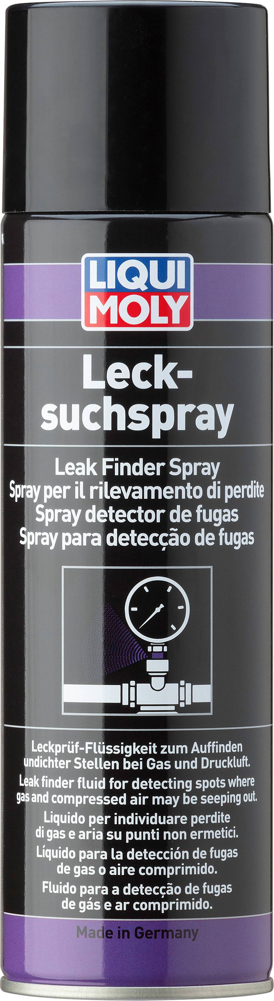 'Liqui Moly Lecksuchspray' Spraydose zur Erkennung von Lecks, schwarze Dose mit lila Etikett. Text in mehreren Sprachen.