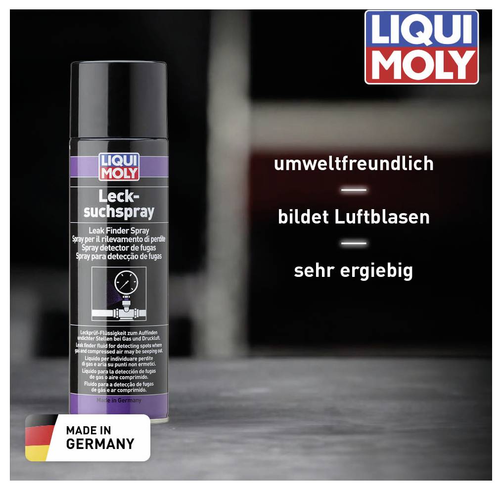 Eine Dose Liqui Moly Lecksuchspray steht vor grauem Hintergrund. Text: 'umweltfreundlich, bildet Luftblasen, sehr ergiebig'. Made in Germany.