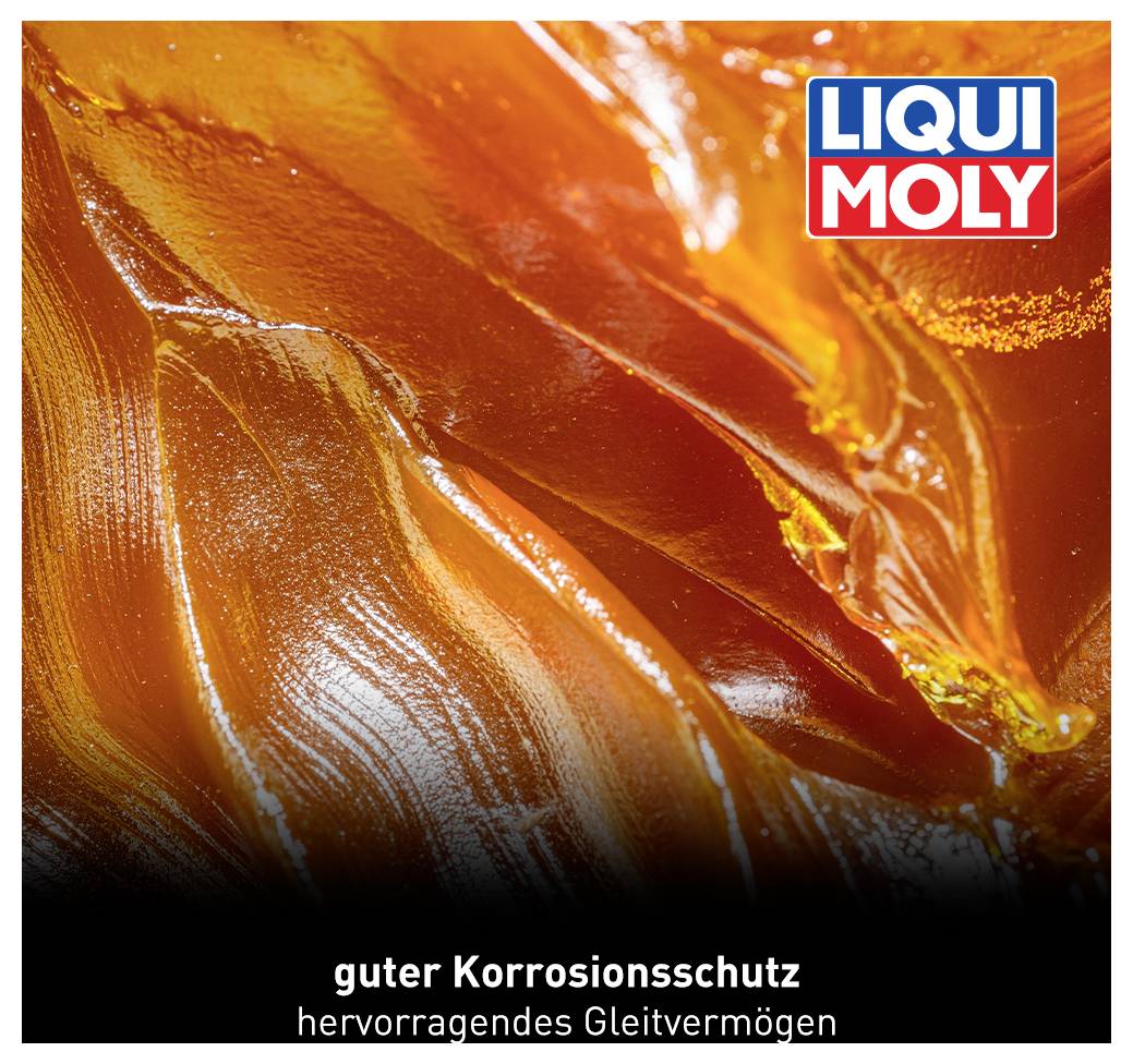 Eine Nahaufnahme von orangefarbener Schmierpaste. Oben rechts das Logo von Liqui Moly. Text unten: 'guter Korrosionsschutz, hervorragendes Gleitvermögen'.