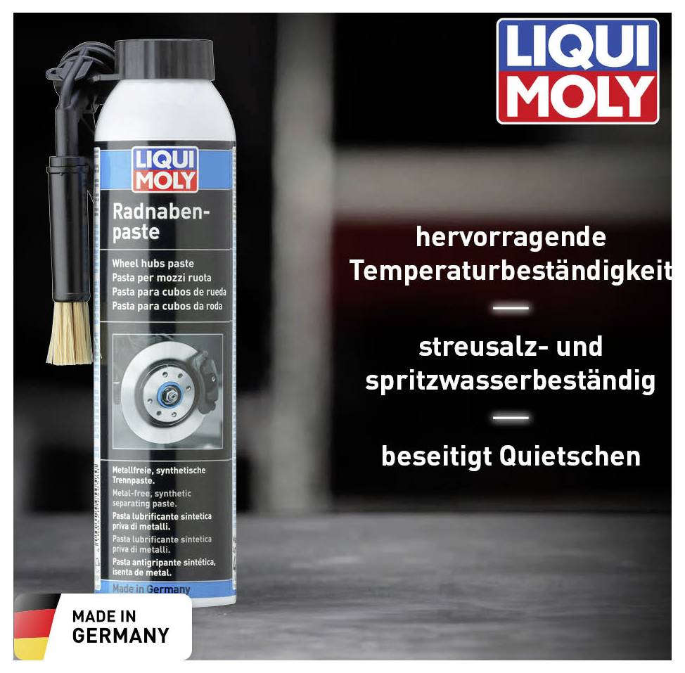 'LIQUI MOLY Radnabenspray' neben Informationen, die hervorragende Temperaturbeständigkeit und Spritzwasserbeständigkeit betonen. Made in Germany.