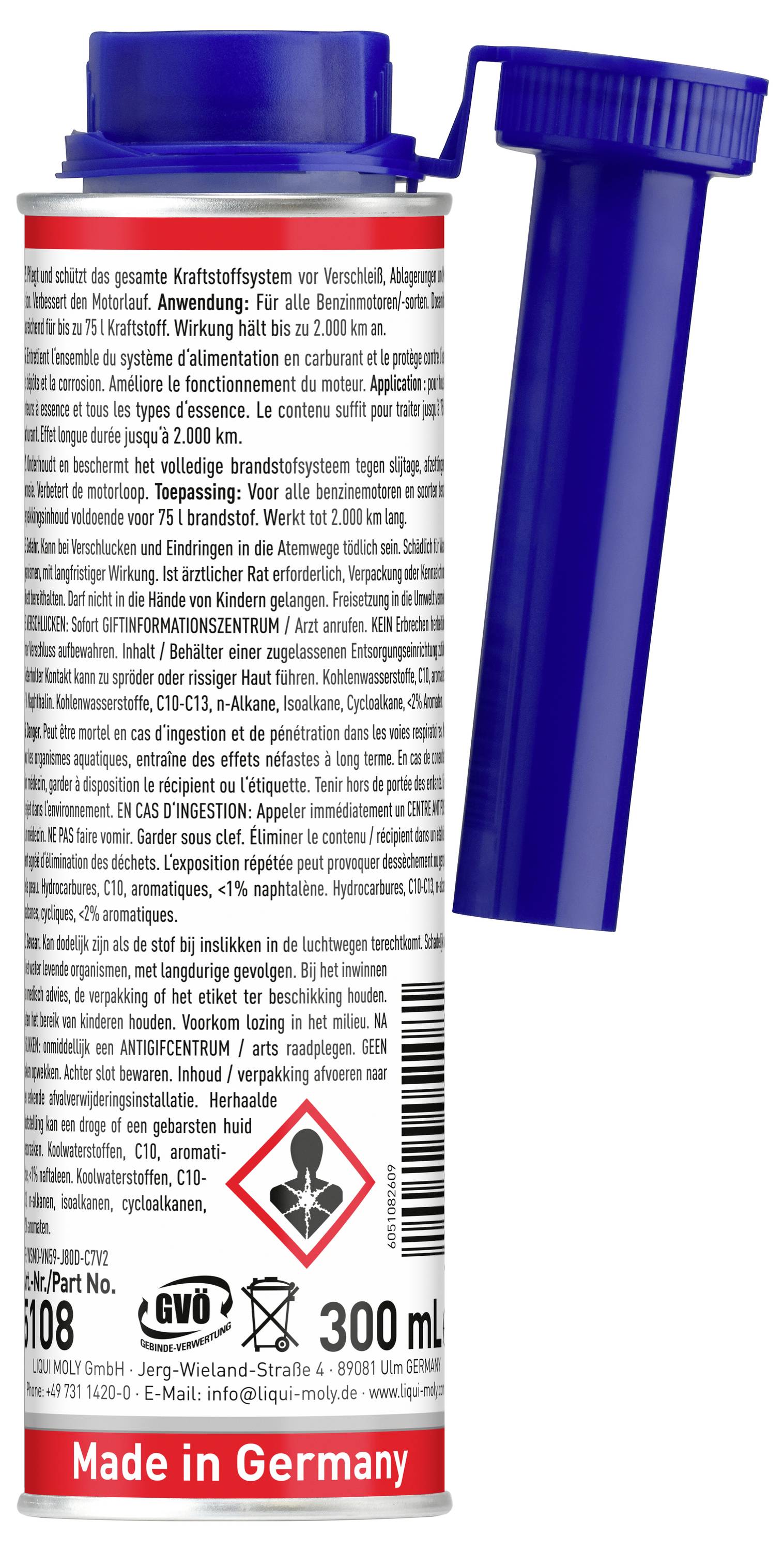 Blaue Kunststoff-Klebstoffpatrone mit Düsenkappe, beschriftet mit „Made in Germany", 300 ml, mit Sicherheitsanweisungen und Gefahrensymbolen bedeckt.