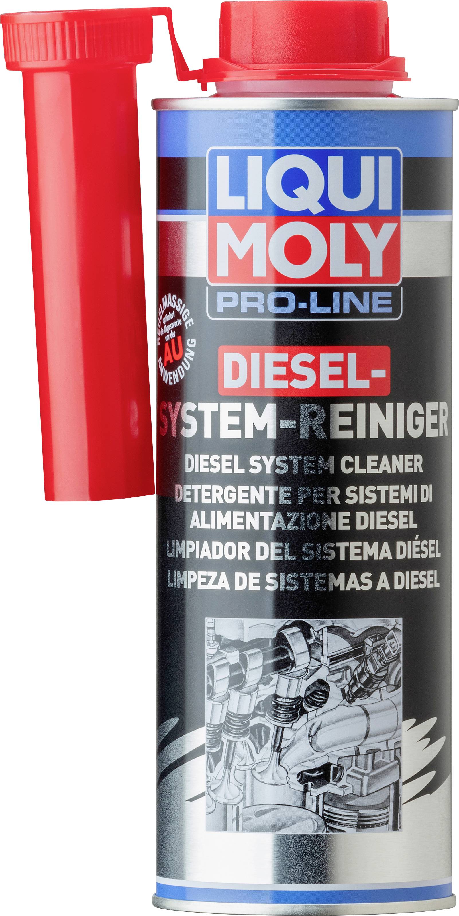 'Liqui Moly Pro-Line Diesel System Cleaner' can with a red cap and handle. Text includes product purpose in multiple languages.