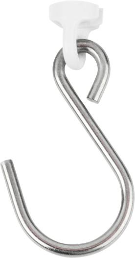 Metallener S-Haken mit weißem Kunststoffclip, geeignet zum Aufhängen von Gegenständen.