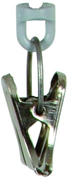 Metallische Clip-Klemme mit Kunststoffhaken, die an einem Ring befestigt ist. Wird oft zum Festhalten kleiner Objekte genutzt.