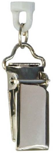 Metallhaken mit drehbarem Kopf und Clip, geeignet zum Aufhängen von Vorhängen oder ähnlichen Textilien.