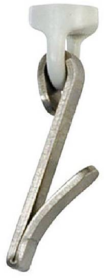 Ein Metallhaken, befestigt an einem weißen Kunststoffteil. Verwendet zur Aufhängung von Gegenständen an Decken oder Wänden.