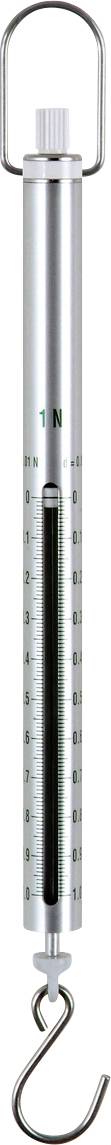 Dynamometer mit Skala bis 1 Newton, Metallgehäuse, transparenter Schutzkappe oben und Haken unten. Modell zur Messung von Gewichtskräften.