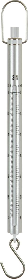 Metallfederwaage mit Skala von 0 bis 25 Newton, Haken unten, Ring oben zur Befestigung. Verwendet zur Messung von Kraft.