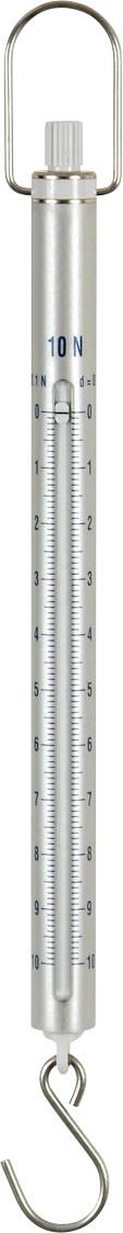 Ein silberfarbener Federzugmesser mit Haken und Skala in Newton zur Messung von Gewichtskraft.