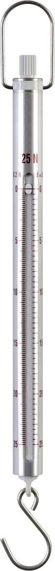 Federwaage mit Skala bis 25 kg, silbernes Gehäuse, oberer Haken zur Befestigung, unterer Haken für Gewichte. Ideal für präzises Wiegen.