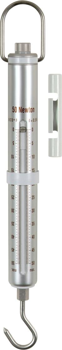 Federwaage mit Skala für Gewichtsmessung bis 50 Newton, Metallgehäuse, Haken unten, Griff oben, geeignet für physikalische Experimente.