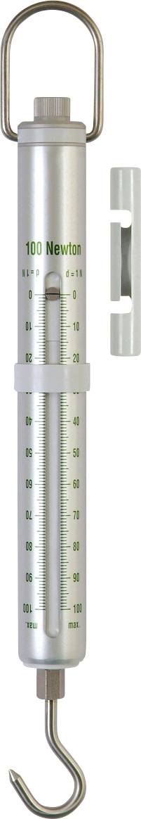 Silberfarbener Federkraftmesser mit Skala von 0 bis 100 Newton, Haken unten, Griff oben.