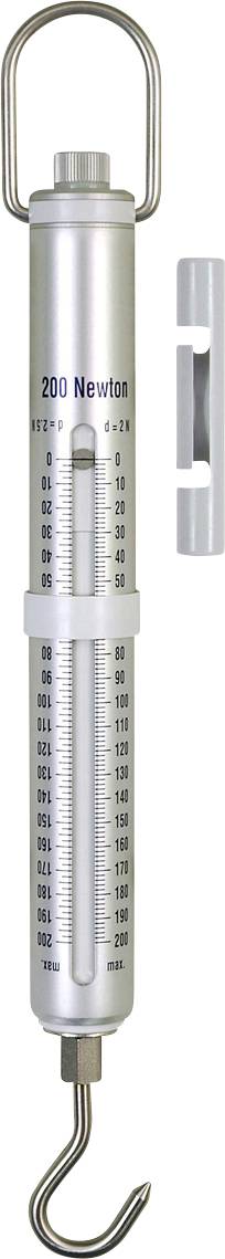Silberner Federkraftmesser mit Haken, markiert mit '200 Newton'. Misst die Spannkraft in Newton und Gramm mittels einer Skala.