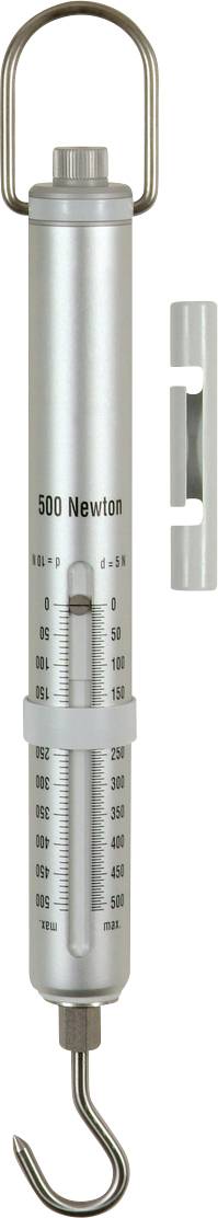 Silberne Federwaage mit Skala von 0 bis 500 Newton. Oben ein Griff, unten ein Haken. Geeignet zum Wiegen und Messen von Kräften.