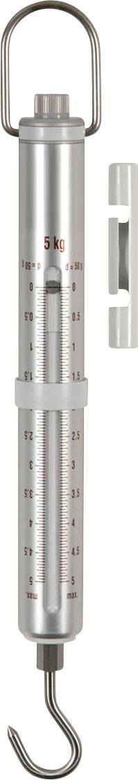 Hängewaage mit Skala bis 5 kg, Metallgehäuse und Haken unten. Geeignet zum Wiegen kleinerer Gegenstände.