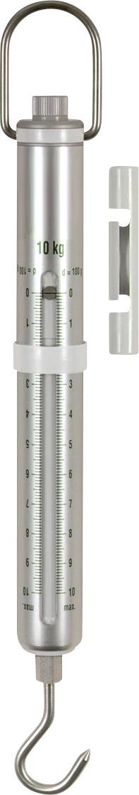 Federwaage aus Metall mit Skala in Kilogramm. Der Haken dient zum Aufhängen von Gegenständen zur Gewichtsmessung.