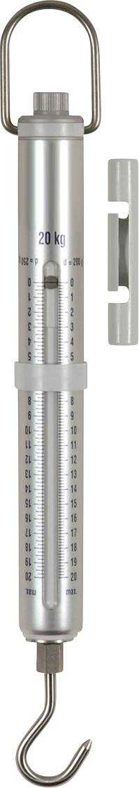 Federwaage aus Metall mit Haken, Kapazität bis 20 kg. Skala für Gewichtsmessung in Kilogramm. Separate Haltevorrichtung rechts.