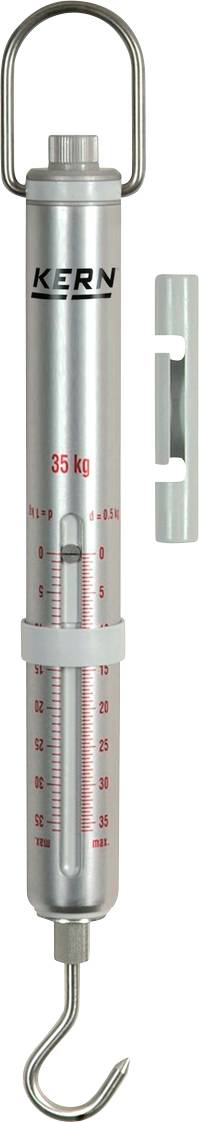 Federwaage mit Metallgehäuse und Haken, kalibriert bis 35 kg. Geeignet für genaues Wiegen in Laboren und Werkstätten.