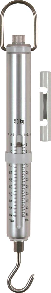 Federwaage aus Metall mit Skala bis 50 kg und Haken unten, Griff oben.