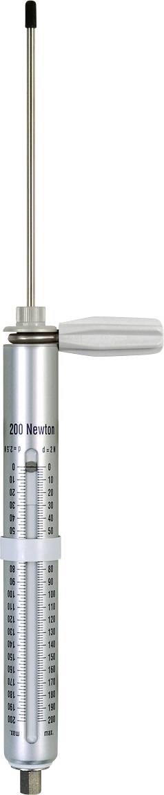 Silberfarbene Federwaage mit Skala bis 200 Newton. Oben ein langer, schwarzer Stab, seitlich ein grauer Griff.