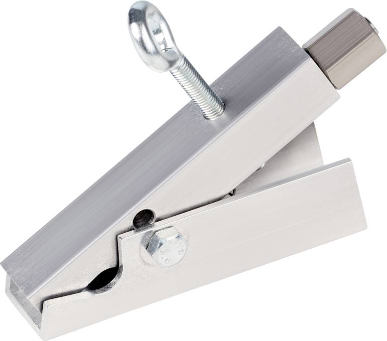 Metallklammer mit Schraube, die vermutlich zum Befestigen oder Justieren von Gegenständen verwendet wird.