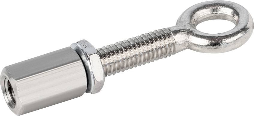 Metallschraube mit Augenmutter und zylindrischer Befestigung, geeignet für Hebeanwendungen oder zum Befestigen von Gegenständen.