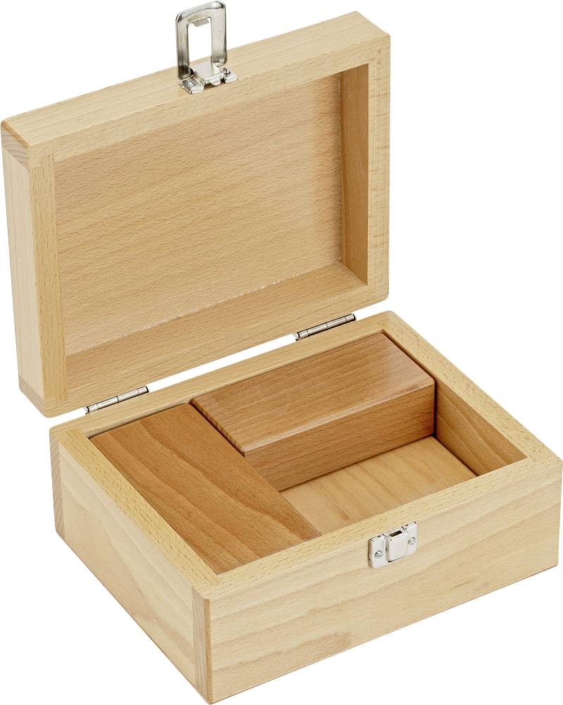 Holzkiste mit offenem Deckel, enthüllend zwei Fächer. Ideal zur Aufbewahrung kleiner Gegenstände oder als Geschenkbox.