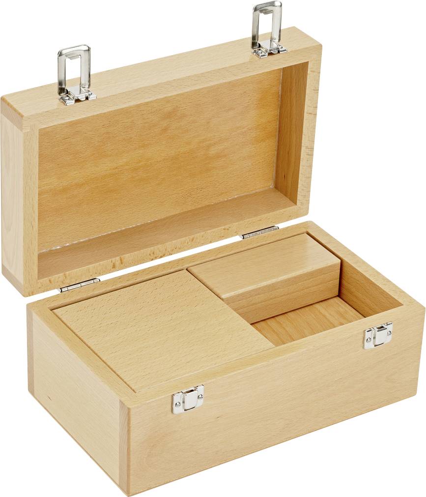 Holzkiste mit offenen Deckeln, zeigt Innenfächer.