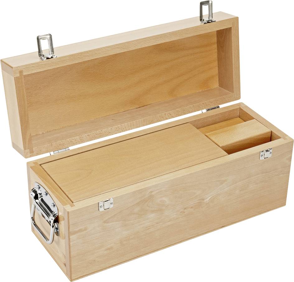 Holzkoffer mit zwei Metallgriffen, geöffnet, zeigt ein großes Fach und ein kleineres, rechteckiges Fach auf der rechten Seite.