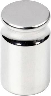 Metallisches Kalibriergewicht, zylinderförmig mit flacher Oberseite, auf neutralem Hintergrund.