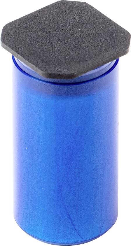 Blauer zylindrischer Behälter mit schwarzem, sechseckigem Deckel.