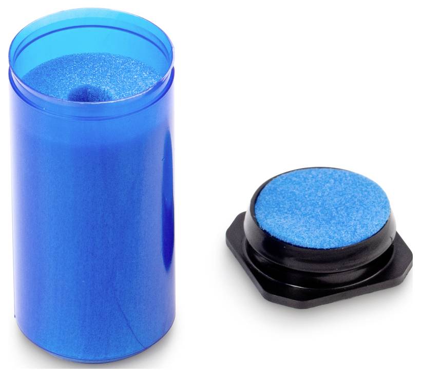 Blauer Stempelkissenbehälter und ein dazugehöriges rundes, blaues Stempelkissen.