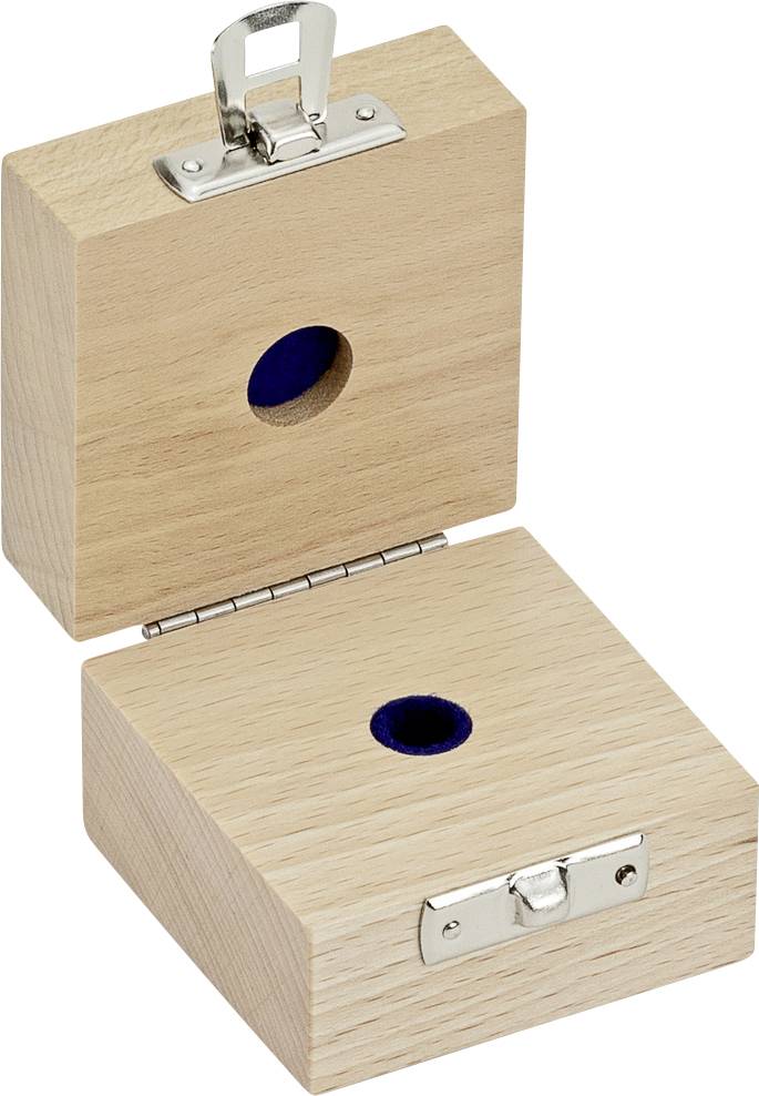 Holzkasten mit Scharnier, offen gezeigt. Innen sind runde, blaue Filzeinsätze sichtbar. Oberseite mit Metallverschluss.