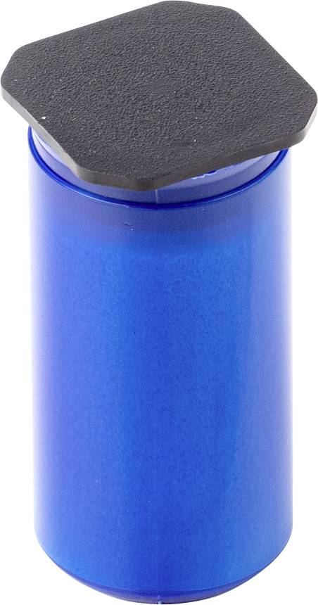 Ein blauer zylindrischer Behälter mit sechseckigem schwarzem Deckel, isoliert auf weißem Hintergrund.