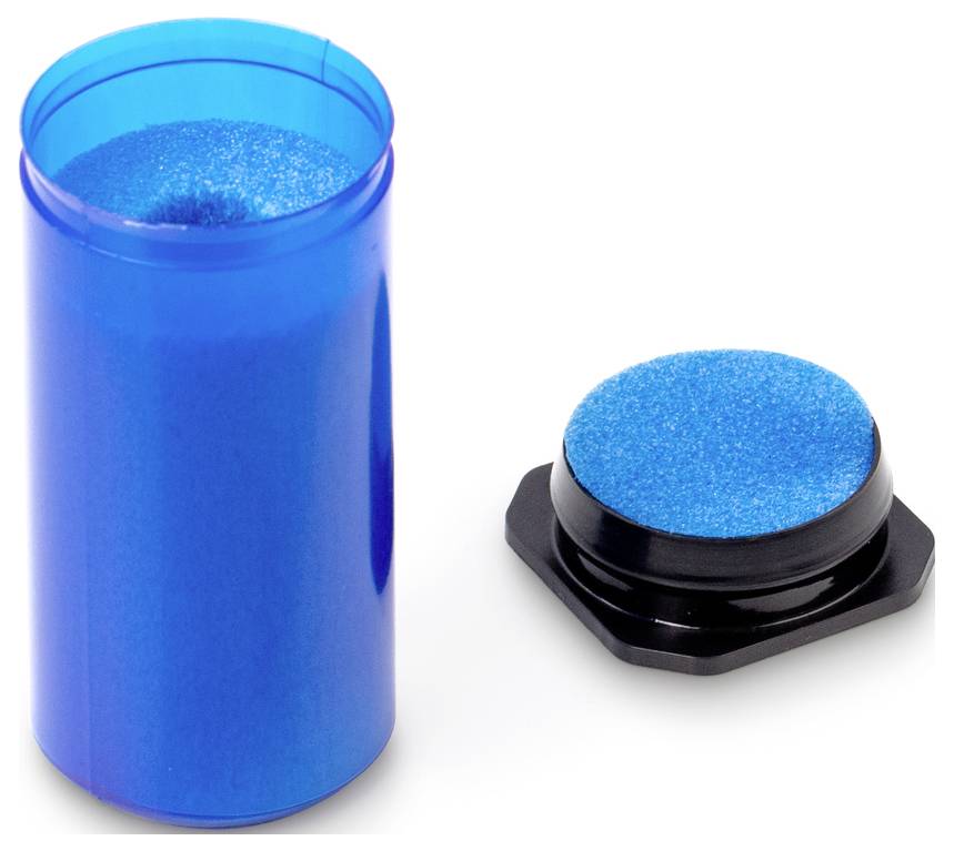 Blauer Stempelkissenbehälter und passendes Kissen mit blauer Tinte.