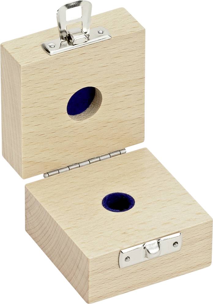 Holzkästchen mit Scharnier geöffnet, zeigt zwei blaue Filzeinlagen innen. Silberne Schließe und Haken oben.